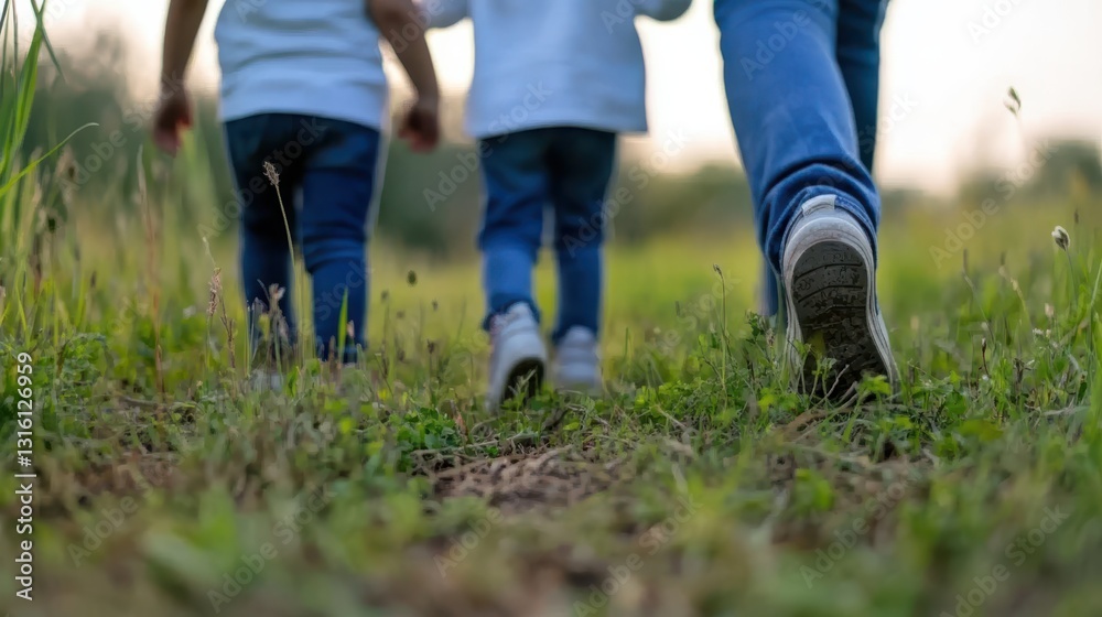 Close-up of a parent and children walking hand in hand across a lush, green field, symbolizing family unity. Close-up of a parent and children walking hand in hand across a lush, green field, symbolizing family unity.