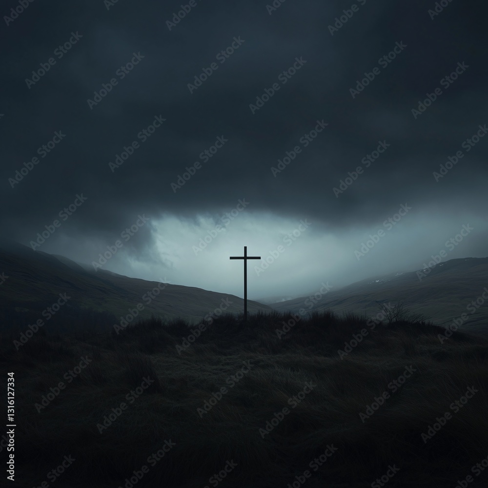Good friday blessings, Lone cross on a hill, dramatic clouds overhead, moody landscape evoking solitude and contemplation, space for reflection. Good friday blessings, Lone cross on a hill, dramatic clouds overhead, moody landscape evoking solitude and contemplation, space for reflection.