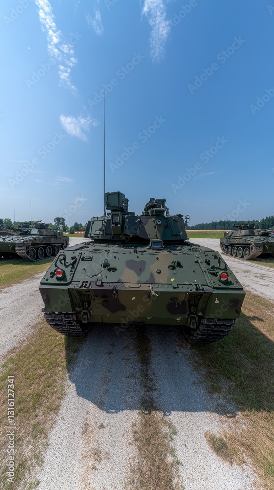 Rear view of a military armored vehicle on a gravel road, under a clear blue sky. Other vehicles are visible in the background. Rear view of a military armored vehicle on a gravel road, under a clear blue sky. Other vehicles are visible in the background.