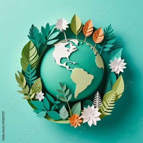 Paper Craft Earth Surrounded by Flowers and Leaves