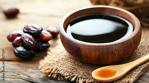 Date Molasses on wooden bowl with spoon
