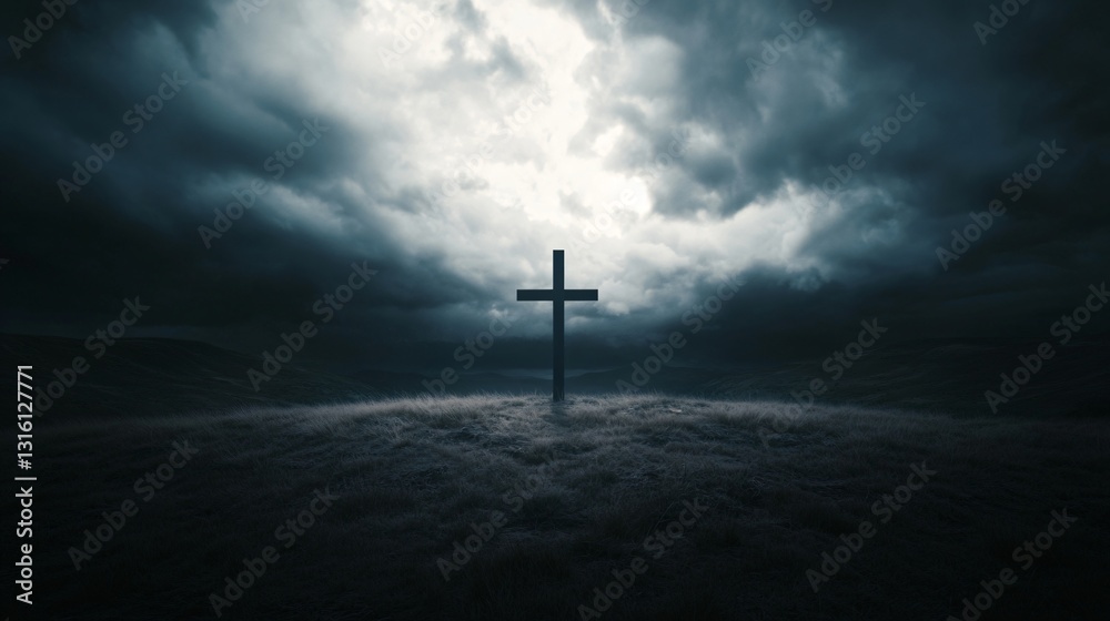 Good friday blessings, Lone figure in mist, solitary silhouette standing on a foggy landscape, evokes mystery and introspection, space for text. Good friday blessings, Lone figure in mist, solitary silhouette standing on a foggy landscape, evokes mystery and introspection, space for text.