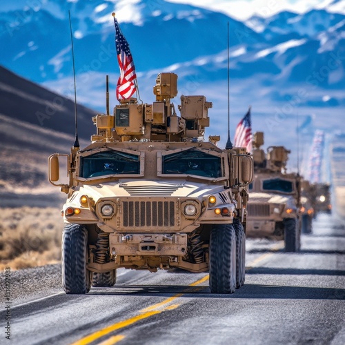 Military convoy of tan vehicles travels on a paved road, with snow capped mountains in the background and American flags displayed.