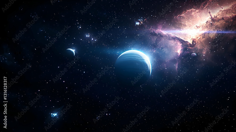 Fototapeta premium A Breathtaking View Of A Pixel Art Planet In Deep Space With Glowing Nebula And Bright Stars Digital Art