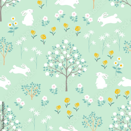 Easter seamless repeat pattern with hand drawn rabbits and wildflowers on spring forest