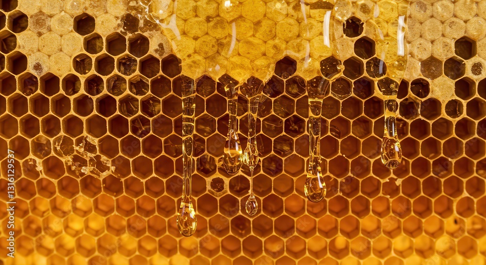 Golden Honey Dripping From Honeycomb Frame Close-up Sweet and Natural Golden Honey Dripping From Honeycomb Frame Close-up Sweet and Natural