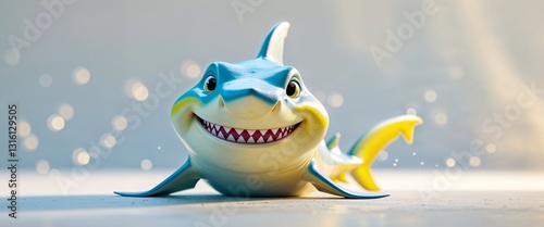 Smiling animated shark showing sharp teeth and pointy fin with friendly expression.