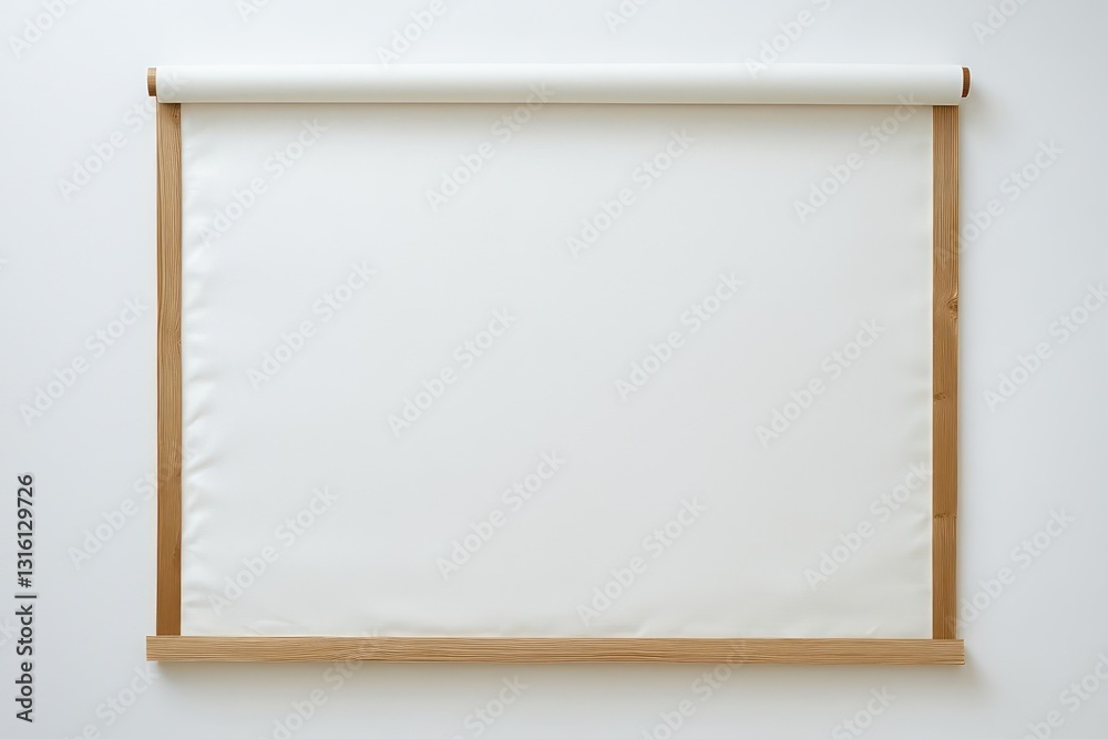 Vertical canvas Chinese scroll with light oak wood border, blank white. Vertical canvas Chinese scroll with light oak wood border, blank white.