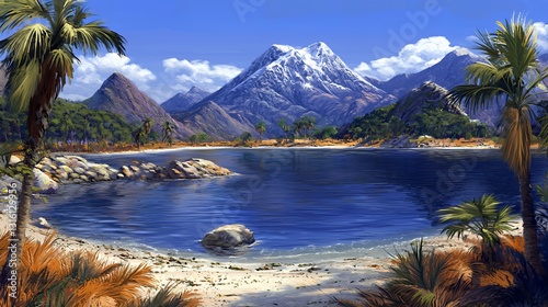 Serene Desert Lake with Snowcapped Mountain and Palm Trees