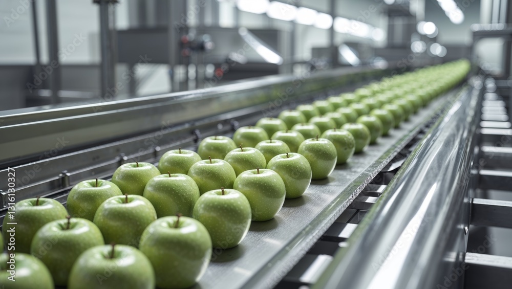 Fototapeta premium Fresh green apples on a conveyor belt in a modern processing facility showcasing efficient sorting and packaging methods for fruit production healthy eating concept