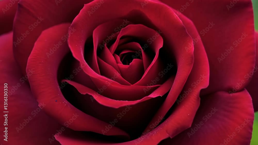Velvet Red Rose with Intricate Petal Pattern in Close Up View with Soft Lighting and Blurred Green Background Velvet Red Rose with Intricate Petal Pattern in Close Up View with Soft Lighting and Blurred Green Background