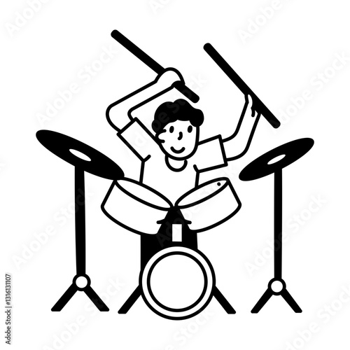 Doodle character illustration of a drummer playing drums
