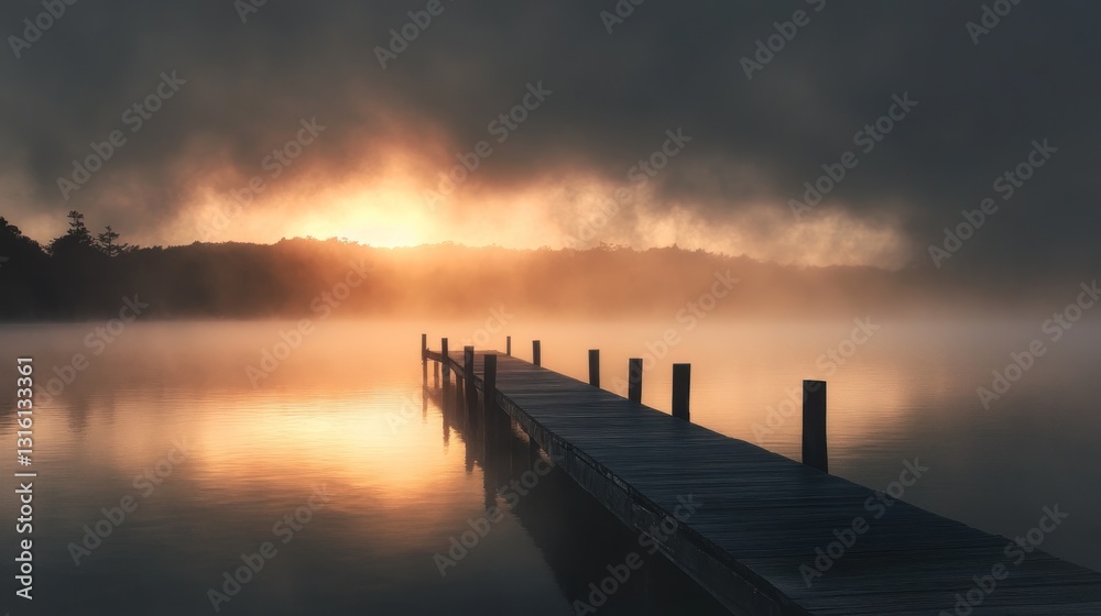 Obraz premium Misty sunrise over calm lake with wooden dock. (1)