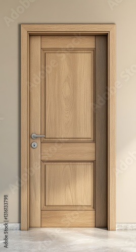 Interior light beige wall  wooden door  sunlit room  3D illustration for home design