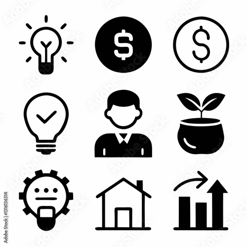 Set of 9 icon investment, silhouette collection Vector art illustration. set of icons with money