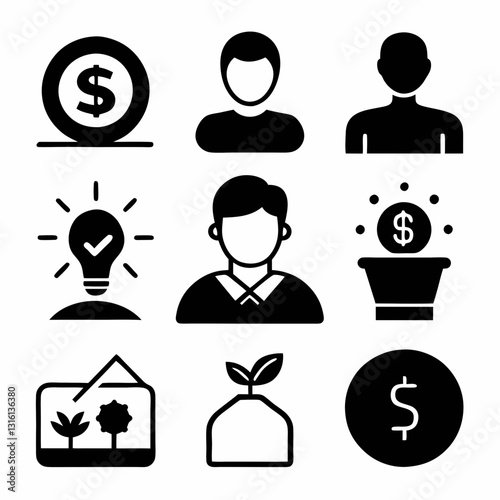 Set of 9 icon investment, silhouette collection Vector art illustration. business people icons
