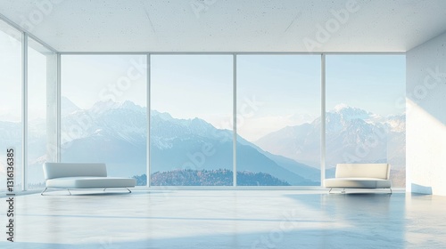 Modern minimalist room with panoramic mountain view.
