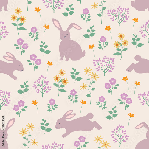 Easter seamless repeat pattern with rabbits on wildflowers design for decorative,kid product, fashion, fabric, textile, wallpaper and all print