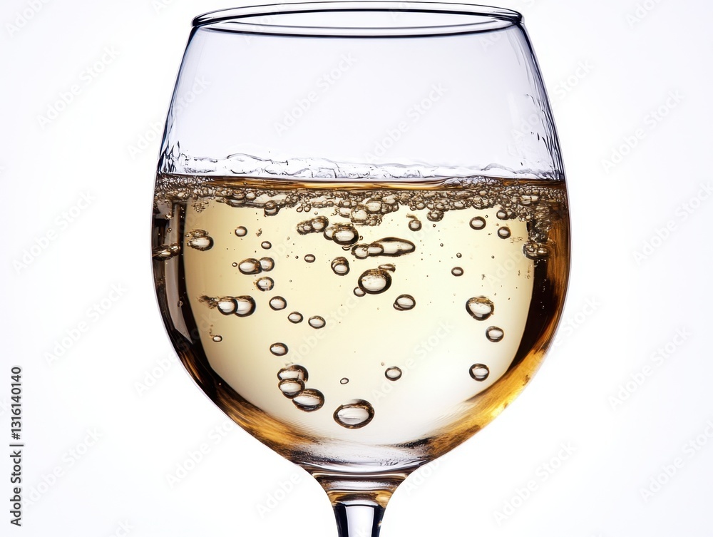 Elegant wine glass filled with golden liquid and sparkling bubbles against a bright white background