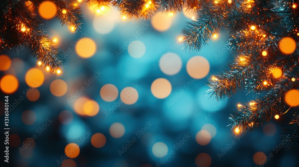 Festive fir branches with lights, bokeh background Festive fir branches with lights, bokeh background