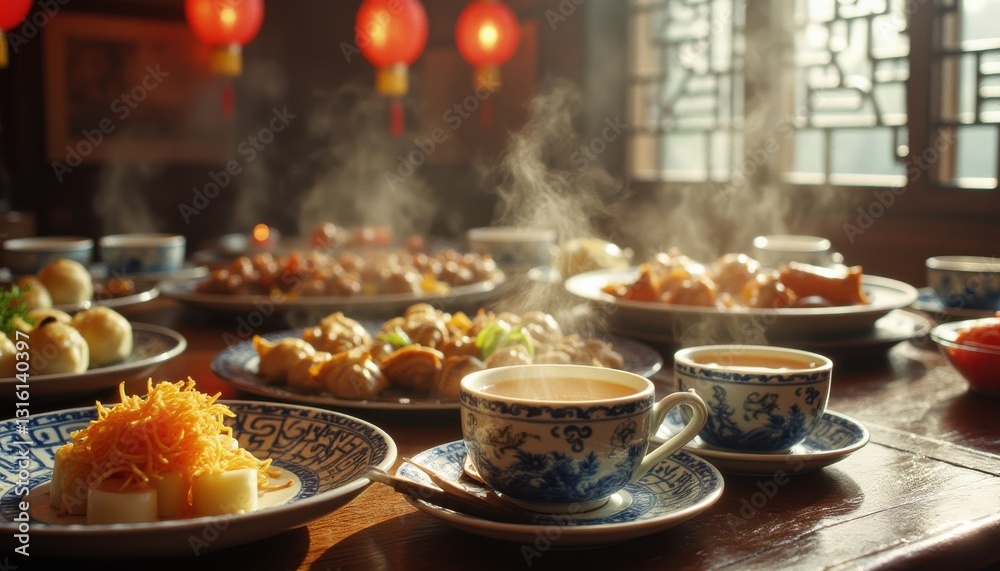 Close up of vibrant Asian feast with steaming dishes and colorful tea cups in a cozy dining setting Close up of vibrant Asian feast with steaming dishes and colorful tea cups in a cozy dining setting