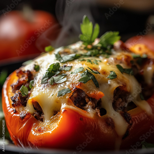 Close-up of a rocoto relleno, showcasing the stuffed pepper with a rich filling of meat, herbs, and spices, the cheese perfectly melted on top, and a hint of steam rising from the dish