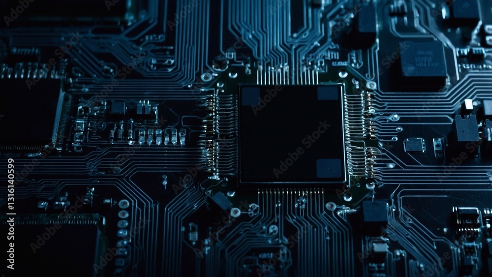 Fototapeta premium Abstract digital circuitry design with glowing blue elements on a dark background.