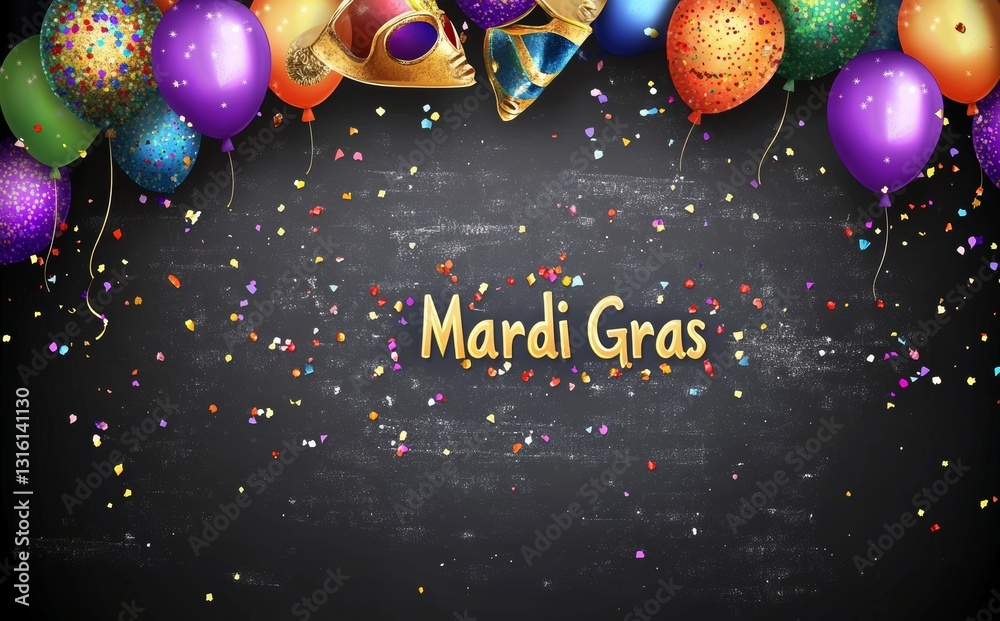 Naklejka premium The phrase Mardi Gras rendered in a fanciful calligraphic font with glittering gold highlights and joyful festive trimmings