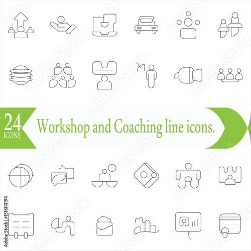 Workshop and Coaching line icons. Outline icon collection related to training, coaching, mentoring, education, meetings, conferences, and teamwork.