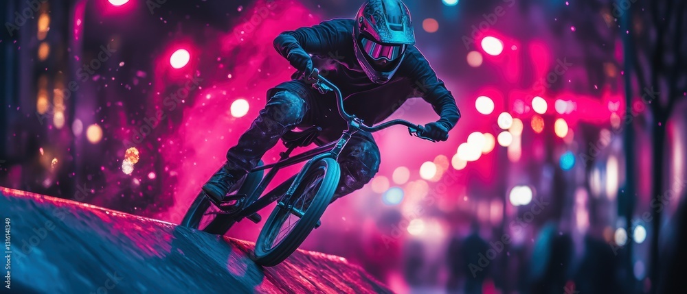 Obraz premium Bmx rider performing stunts at night urban street action photography neon lights dynamic perspective