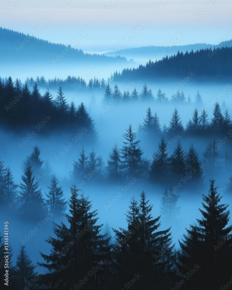 Misty Forest Landscape at Dawn with Evergreen Trees and Rolling Hills in a Serene Blue Haze Misty Forest Landscape at Dawn with Evergreen Trees and Rolling Hills in a Serene Blue Haze