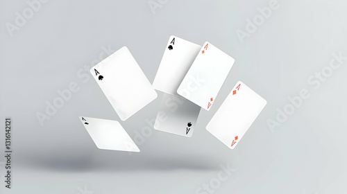 Five White Playing Cards With Red And Black Symbols Flying In Mid Air Against A Light Gray Studio Background In A Dynamic And Playful Arrangement