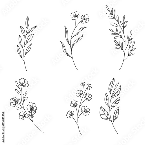 vector set of floral elements, Minimalist Floral Line Drawings, Elegant Botanical Line Art Illustrations