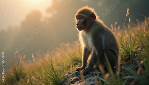 Solitary mac dev sits quietly in the golden light of morning among tall grass in a peaceful natural setting