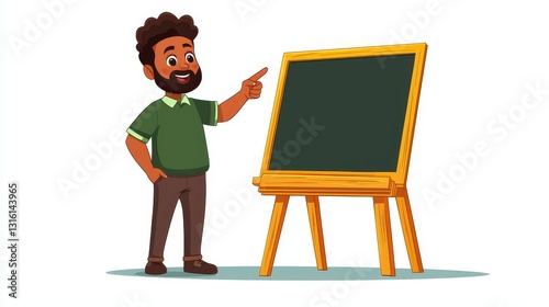 Man points to empty chalkboard photo