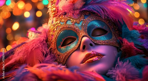 A festive Mardi Gras atmosphere is created by a shining gold, purple, and green mask with delicate feathers, encircled by twinkling illumination and thrown beads