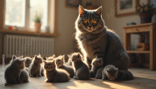 Grey cat surrounded by adorable kittens in a warm, sunlit room filled with cozy decor and gentle shadows