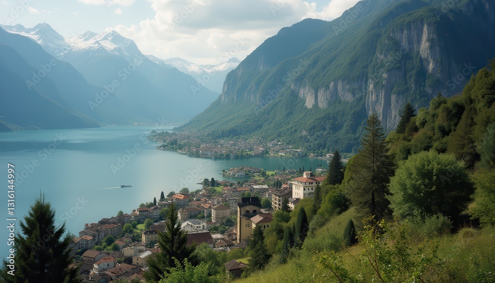 Fototapeta premium Cinematic landscape featuring a stunning lake and mountainous backdrop at midday in a serene village