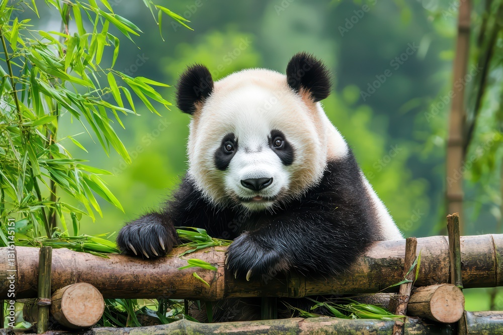 Fototapeta premium Panda Searching for Food in a Bamboo Forest After Destruction of Habitat