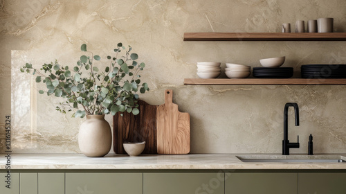 Modern Minimalist Kitchen Interior with Olive Green Cabinets and Wooden Accents