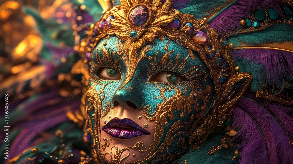 The digital image on display is an illustration of a gold Mardi Gras mask accented with purple and green The digital image on display is an illustration of a gold Mardi Gras mask accented with purple and green