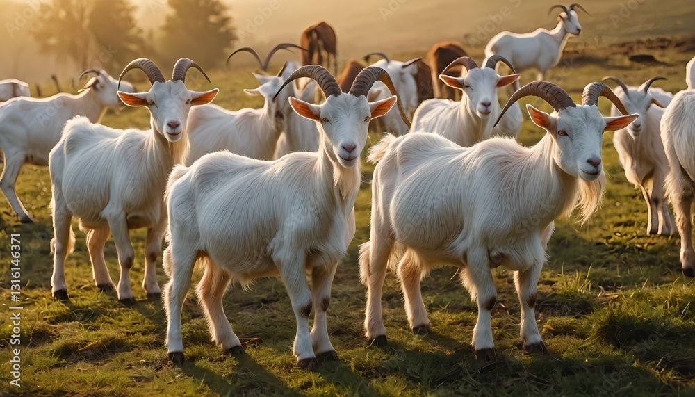 Fototapeta premium Majestic White Goats at Sunrise