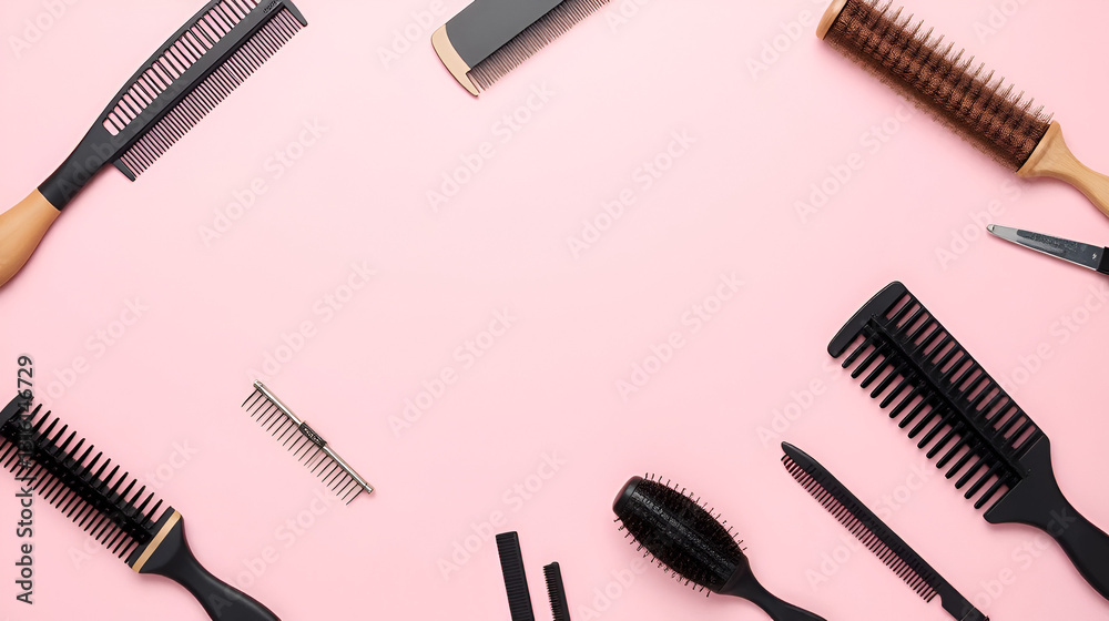 Flat lay composition with modern hair combs and brushes on pink background Flat lay composition with modern hair combs and brushes on pink background