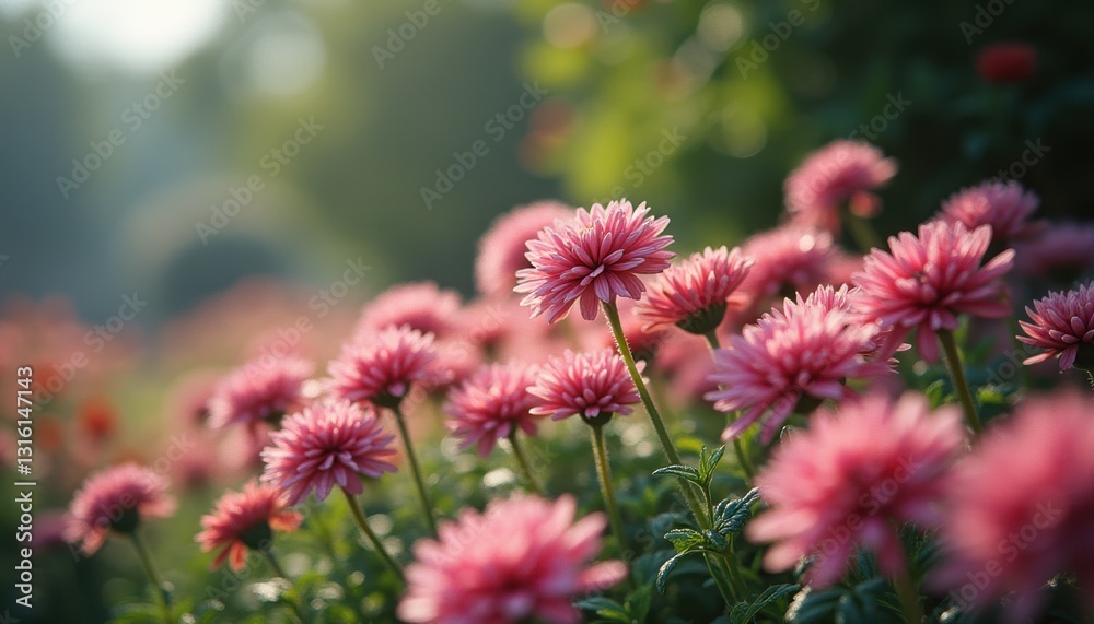 Cinematic view of a vibrant garden filled with blooming flowers during a serene morning light Cinematic view of a vibrant garden filled with blooming flowers during a serene morning light