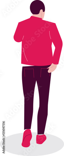 Man walking away, red jacket, dark pants, white background, website illustration