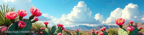 Prickly Pear cactus flowers against a blue sky with white clouds, wild west, blue sky, white clouds