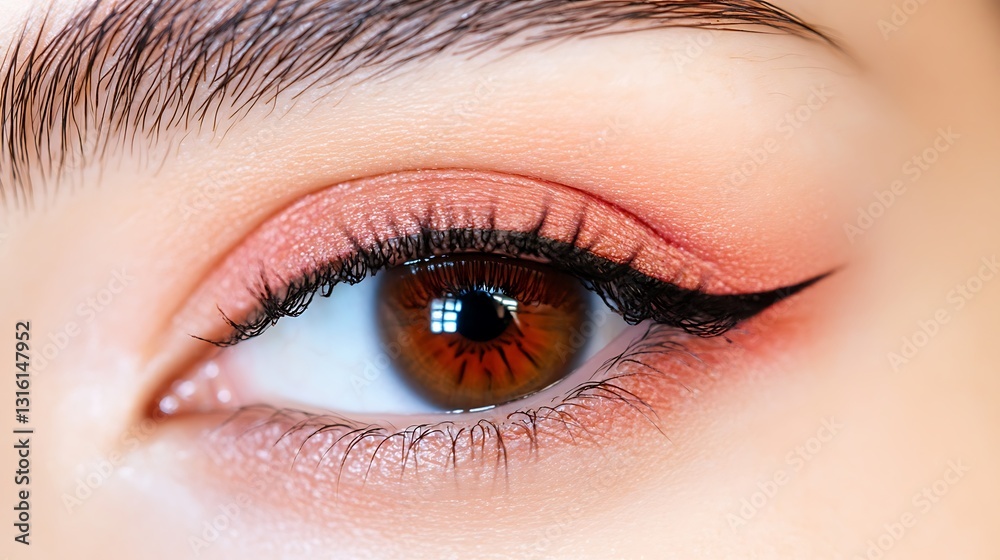 Obraz premium Close-up of a Woman's Eye with Peachy Makeup and Winged Eyeliner AI Generated