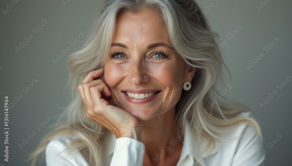 Elegant woman with silver hair smiles warmly in a serene indoor setting during the afternoon Elegant woman with silver hair smiles warmly in a serene indoor setting during the afternoon