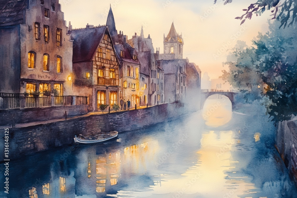 Fototapeta premium A dreamy watercolor painting of a quiet European town. Golden light reflects off old buildings and cobbled streets. A thin mist floats over a quiet river, creating a peaceful and nostalgic atmosphere.