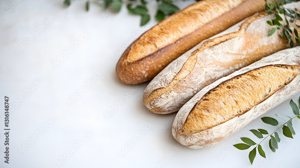 Freshly Baked French Baguettes with Greenery on White Background - Food Photography Freshly Baked French Baguettes with Greenery on White Background - Food Photography